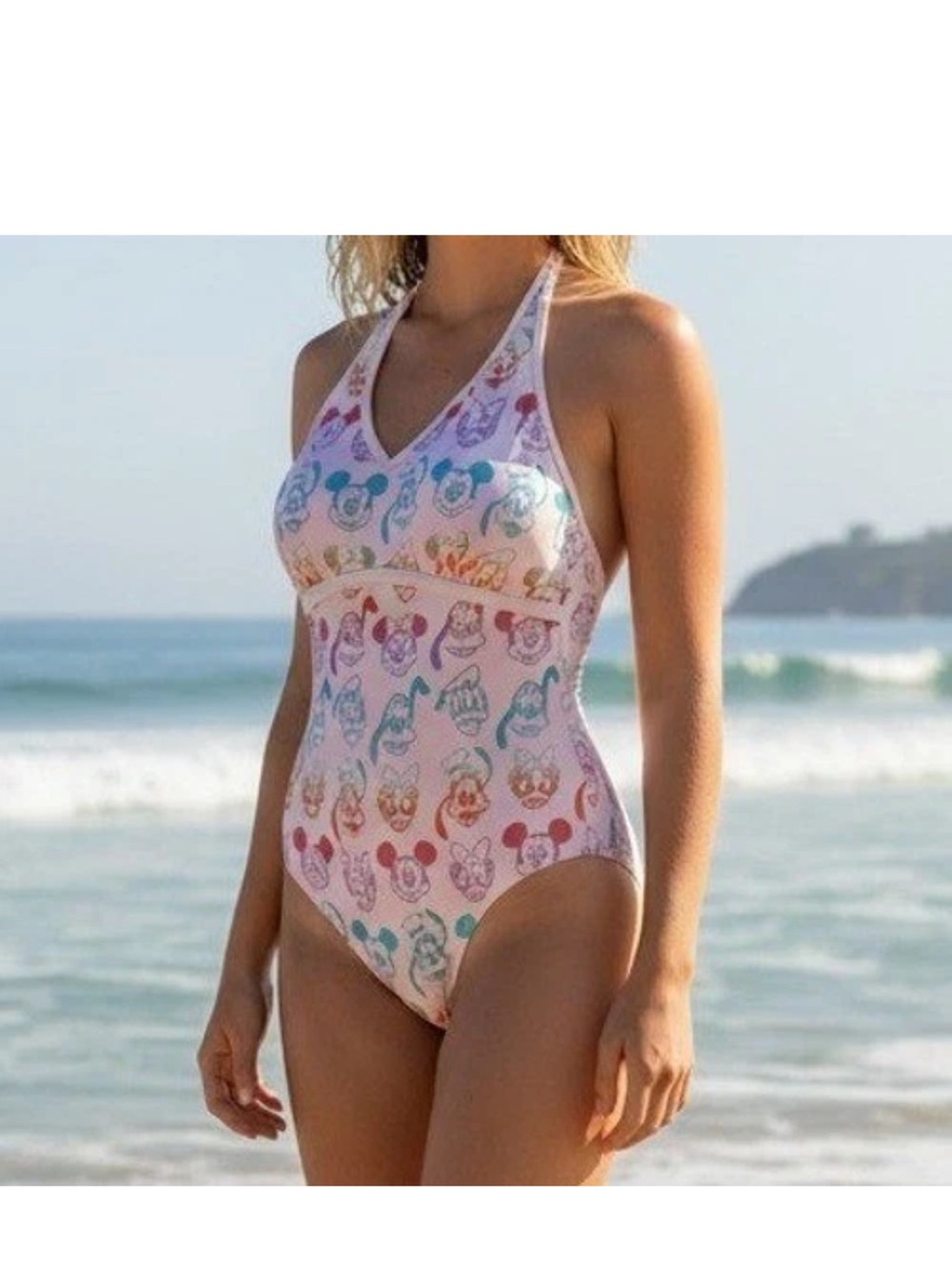 Disney Woman Pink Mickey Mouse and Friends Rainbow Beach Halter Swim Suit sz XL